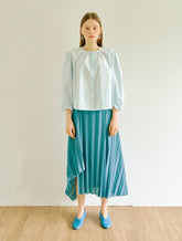 Women's Linen Pleated Midi Skirt with Asymmetrical Hem – Flowing A-Line Silhouette