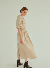 Cotton Poplin Midi Dress with Ruched Bodice, Puff Sleeves and Cinched Waist Detailing
