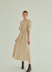 Cotton Poplin Midi Dress with Ruched Bodice, Puff Sleeves and Cinched Waist Detailing