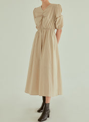 Cotton Poplin Midi Dress with Ruched Bodice, Puff Sleeves and Cinched Waist Detailing