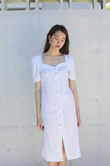 Women's Linen Midi Dress with Sweetheart Neckline and Button Front – Short Puff Sleeve Design