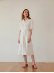 Women's Belted Linen Midi Dress with Contrast Stitching and Button Front – Short Sleeve Shirt Dress