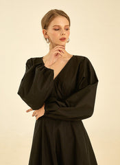 Elegant V-Neck Cotton Poplin Dress with Long Sleeves and Flared Midi Skirt for Women