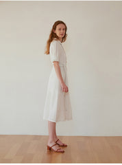 Women's Belted Linen Midi Dress with Contrast Stitching and Button Front – Short Sleeve Shirt Dress