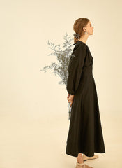 Elegant V-Neck Cotton Poplin Dress with Long Sleeves and Flared Midi Skirt for Women