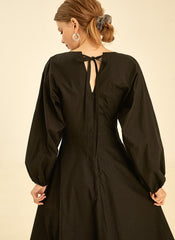 Elegant V-Neck Cotton Poplin Dress with Long Sleeves and Flared Midi Skirt for Women