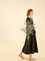 Elegant V-Neck Cotton Poplin Dress with Long Sleeves and Flared Midi Skirt for Women