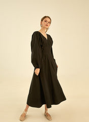 Elegant V-Neck Cotton Poplin Dress with Long Sleeves and Flared Midi Skirt for Women