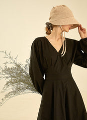 Elegant V-Neck Cotton Poplin Dress with Long Sleeves and Flared Midi Skirt for Women