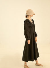 Elegant V-Neck Cotton Poplin Dress with Long Sleeves and Flared Midi Skirt for Women