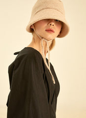 Elegant V-Neck Cotton Poplin Dress with Long Sleeves and Flared Midi Skirt for Women