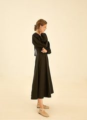 Elegant V-Neck Cotton Poplin Dress with Long Sleeves and Flared Midi Skirt for Women
