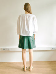 Women's Linen Blouse with Lace Trim and Balloon Sleeves – Button-Front Relaxed Fit Top