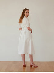 Women's Belted Linen Midi Dress with Contrast Stitching and Button Front – Short Sleeve Shirt Dress