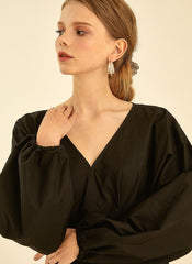 Elegant V-Neck Cotton Poplin Dress with Long Sleeves and Flared Midi Skirt for Women