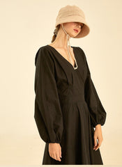 Elegant V-Neck Cotton Poplin Dress with Long Sleeves and Flared Midi Skirt for Women