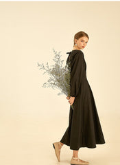 Elegant V-Neck Cotton Poplin Dress with Long Sleeves and Flared Midi Skirt for Women