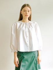 Women's Linen Blouse with Lace Trim and Balloon Sleeves – Button-Front Relaxed Fit Top