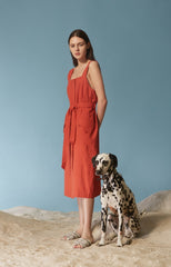 Linen Midi Dress With Wide Straps, Belted Waist, And Square Neckline For Contemporary Appeal
