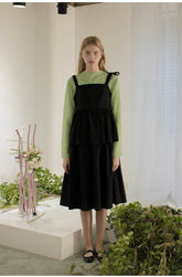 Square-Neck Linen Midi Dress with Tiered Overlay and Shoulder Tie Detail