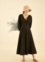 Elegant V-Neck Cotton Poplin Dress with Long Sleeves and Flared Midi Skirt for Women