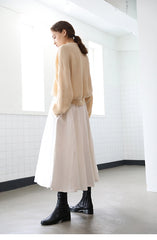 High-Waisted A-Line Midi Skirt in Soft Linen Blend with Flowy Silhouette and Elastic Waist