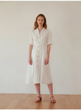 Women's Belted Linen Midi Dress with Contrast Stitching and Button Front – Short Sleeve Shirt Dress