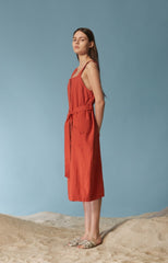 Linen Midi Dress With Wide Straps, Belted Waist, And Square Neckline For Contemporary Appeal