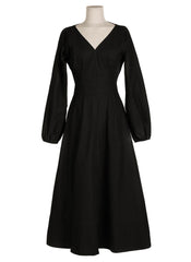 Elegant V-Neck Cotton Poplin Dress with Long Sleeves and Flared Midi Skirt for Women