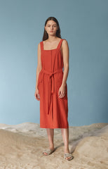 Linen Midi Dress With Wide Straps, Belted Waist, And Square Neckline For Contemporary Appeal