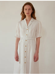 Women's Belted Linen Midi Dress with Contrast Stitching and Button Front – Short Sleeve Shirt Dress