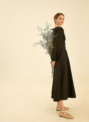 Elegant V-Neck Cotton Poplin Dress with Long Sleeves and Flared Midi Skirt for Women