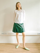 Women's Linen Blouse with Lace Trim and Balloon Sleeves – Button-Front Relaxed Fit Top