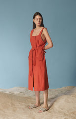 Linen Midi Dress With Wide Straps, Belted Waist, And Square Neckline For Contemporary Appeal