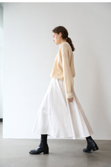 High-Waisted A-Line Midi Skirt in Soft Linen Blend with Flowy Silhouette and Elastic Waist