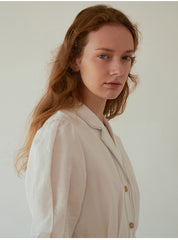 Women's Belted Linen Midi Dress with Contrast Stitching and Button Front – Short Sleeve Shirt Dress