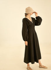 Elegant V-Neck Cotton Poplin Dress with Long Sleeves and Flared Midi Skirt for Women