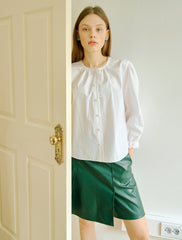 Women's Linen Blouse with Lace Trim and Balloon Sleeves – Button-Front Relaxed Fit Top