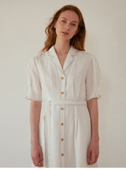 Women's Belted Linen Midi Dress with Contrast Stitching and Button Front – Short Sleeve Shirt Dress