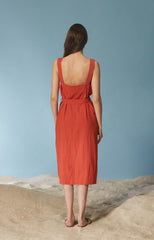 Linen Midi Dress With Wide Straps, Belted Waist, And Square Neckline For Contemporary Appeal