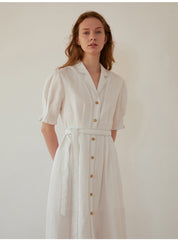 Women's Belted Linen Midi Dress with Contrast Stitching and Button Front – Short Sleeve Shirt Dress