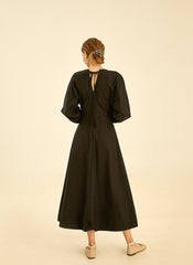 Elegant V-Neck Cotton Poplin Dress with Long Sleeves and Flared Midi Skirt for Women