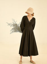 Elegant V-Neck Cotton Poplin Dress with Long Sleeves and Flared Midi Skirt for Women