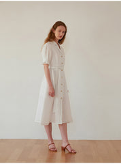Women's Belted Linen Midi Dress with Contrast Stitching and Button Front – Short Sleeve Shirt Dress