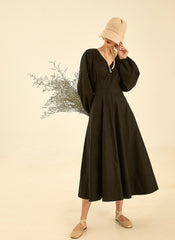 Elegant V-Neck Cotton Poplin Dress with Long Sleeves and Flared Midi Skirt for Women