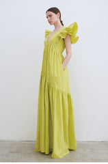 Linen Maxi Dress with Deep V-Neckline and Ruffled Flutter Sleeves