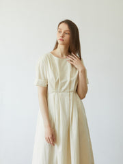 Elegant Pleated Midi Dress In Premium Linen with Pockets and Tailored Half Sleeves