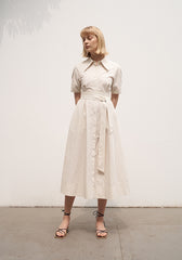 Women's Linen Shirt Midi Dress – Short Sleeve Collared Dress with Waist Tie and Pockets