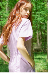 Collared Shirt-Style Linen Dress with Waist Tie and Side Slit Hem