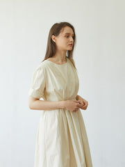 Elegant Pleated Midi Dress In Premium Linen with Pockets and Tailored Half Sleeves